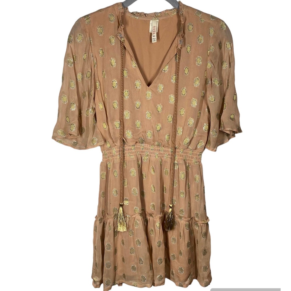 Raga Kenna Metallic Dot Mini Dress Peach Gold Silver Sparkle Womens Size XS - Picture 4 of 11